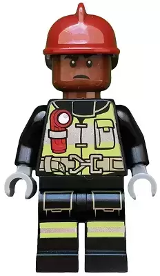 LEGO Super Heroes Minifigures - Firefighter - Dark Red Fire Helmet, Reddish Brown Head, Reflective Stripes