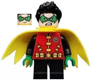 LEGO Super Heroes Minifigures - Robin - Green Mask and Hands, Black Short Legs, Yellow Scalloped Cape