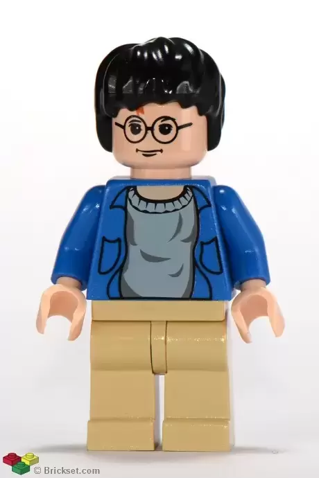 Lego Harry Potter Minifigures - Harry Potter, Blue Open Shirt Torso, Tan Legs, Light Nougat Hands & Head