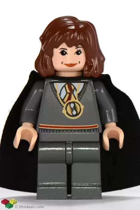 Lego Harry Potter Minifigures - Hermione Granger, Gryffindor Stripe Torso w/ Necklace Time Turner, Dark Bluish Gray Legs, Plain Black Cape