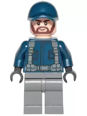 Lego Jurrasic World Minifigures - Guard, Ball Cap, Dark Brown Beard, Dark Bluish Gray Legs