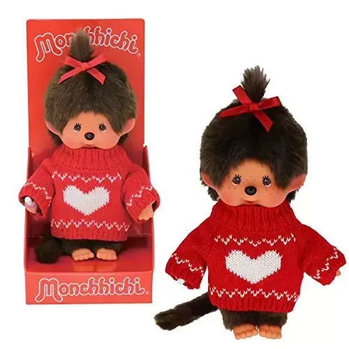 Kiki - Monchichi - Bandai - Monchhichi - peluche - Fille pull rouge cœur blanc 20 cm