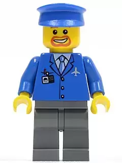 LEGO Airport Minifigures - Airport - Blue 3 Button Jacket & Tie, Blue Hat, Dark Bluish Gray Legs