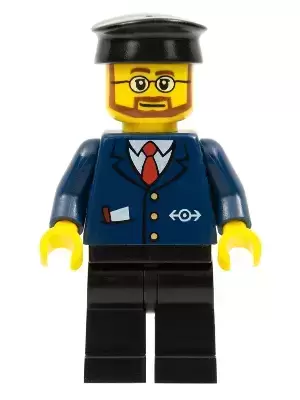 Lego Train Minifigures - Dark Blue Suit with Train Logo, Black Legs, Black Hat, Beard and Glasses