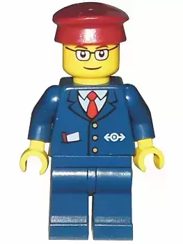 Lego Train Minifigures - Dark Blue Suit with Train Logo, Dark Blue Legs, Dark Red Hat, Rectangular Glasses - Passenger Train Engineer