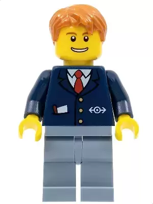 Lego Train Minifigures - Dark Blue Suit with Train Logo, Sand Blue Legs, Dark Orange Hair - Conductor