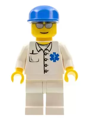 Lego City Minifigures - Doctor - EMT Star of Life Button Shirt, White Legs, Blue Cap, Silver Sunglasses