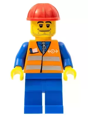 Lego Train Minifigures - Orange Vest with Safety Stripes - Blue Legs, Beard Stubble, Red Construction Helmet