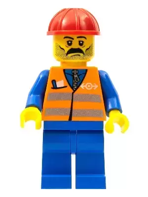 Lego Train Minifigures - Orange Vest with Safety Stripes - Blue Legs, Moustache, Red Construction Helmet