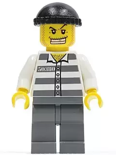 Lego City Minifigures - Police - Jail Prisoner 50380 Prison Stripes, Dark Bluish Gray Legs, Black Knit Cap, Gold Tooth