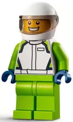 Race Car Driver Male White Race Jacket and Helmet Lime Legs