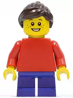 LEGO Holiday & Event Minifigures - Plain Red Torso with Red Arms, Dark Purple Short Legs, Dark Brown Ponytail and Swept Sideways Fringe