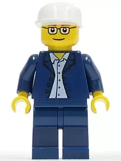 LEGO Town Minifigures - Dark Blue Jacket, Light Blue Shirt, Dark Blue Legs, Square Glasses, White Cap