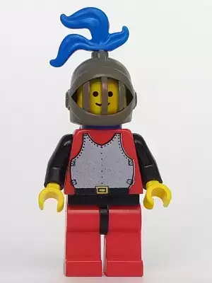 Lego Castle Minifigures - Breastplate - Red with Black Arms, Red Legs with Black Hips, Dark Gray Grille Helmet, Blue Plume, Blue Plastic Cape