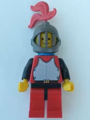 Lego Castle Minifigures - Breastplate - Red with Black Arms, Red Legs with Black Hips, Dark Gray Grille Helmet, Red Plume, Blue Plastic Cape