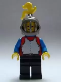 Lego Castle Minifigures - Breastplate - Red with Blue Arms, Black Legs, Dark Gray Grille Helmet, Yellow Plume, Blue Plastic Cape