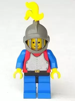 Lego Castle Minifigures - Breastplate - Red with Blue Arms, Blue Legs with Black Hips, Dark Gray Grille Helmet, Yellow Plume
