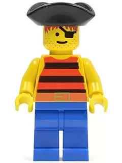 Lego Pirates Minifigures - Pirate Red / Black Stripes Shirt, Blue Legs, Black Pirate Triangle Hat