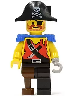 Lego Pirates Minifigures - Pirate Shirt with Knife, Black Leg with Peg Leg, Black Pirate Hat with Skull, Blue Epaulettes