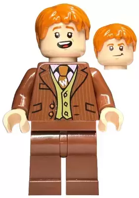 Lego Harry Potter Minifigures - Fred Weasley - Reddish Brown Suit, Dark Orange Tie, Grin / Smiling