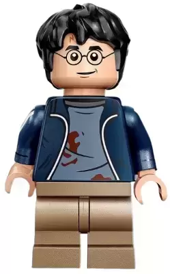 Lego Harry Potter Minifigures - Harry Potter - Dark Blue Open Jacket with Tears and Blood Stains, Printed Arms, Dark Tan Medium Legs