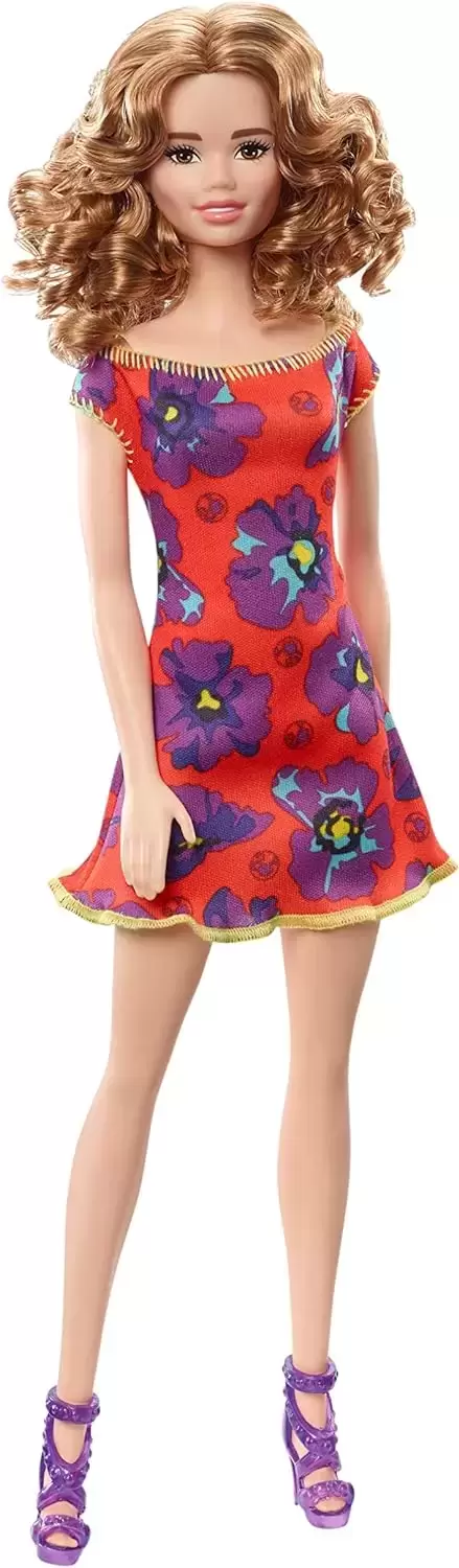 Miscellaneous Barbie - Light Auburn Curly Brunette Wearing Red & Purple Floral Dress