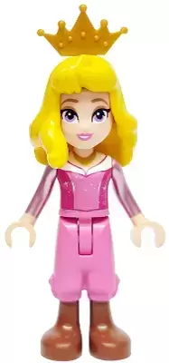 Lego Disney Minifigures - Aurora - Dark Pink Top, Metallic Pink Sleeves, Gold Necklace, Dark Pink Cropped Trousers, Reddish Brown Boots, Yellow Hair, Crown Tiara