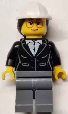 Lego City Minifigures - Construction Engineer / Architect - Female, Black Suit Jacket with White Button Up Shirt, Dark Bluish Gray Legs, White Construction Helmet with Dark Brown Ponytail Hair, Glasses