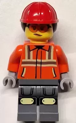 Lego City Minifigures - Construction Worker - Female, Reddish Orange Safety Jacket with Reflective Stripes, Dark Bluish Gray Legs with Knee Pads, Red Construction Helmet with Dark Brown Ponytail Hair, Safety Glasses