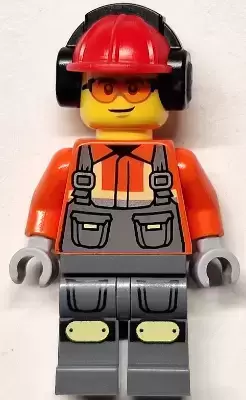 Lego City Minifigures - Construction Worker - Male, Reddish Orange Safety Jacket, Reflective Stripe, Dark Bluish Gray Overalls, Red Construction Helmet with Black Ear Protectors / Headphones, Safety Glasses