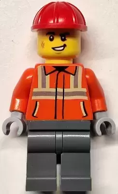 Lego City Minifigures - Construction Worker - Male, Reddish Orange Safety Jacket with Reflective Stripes, Dark Bluish Gray Legs, Red Construction Helmet