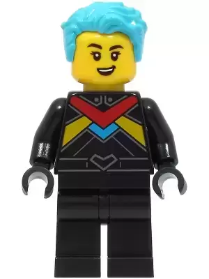 Lego City Minifigures - Race Boat Driver - Female, Black Racing Suit with Red, Dark Azure and Bright Light Orange Stripes, Medium Azure Hair