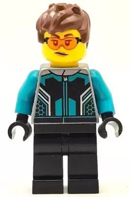 Lego City Minifigures - Race Car Driver - Female, Black and Dark Turquoise Racing Suit, Black Legs, Reddish Brown Hair, Safety Glasses