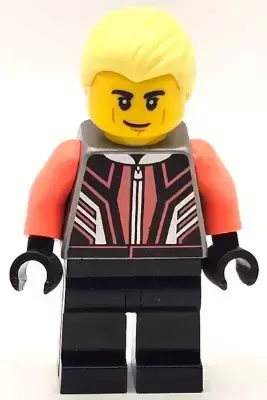 Lego City Minifigures - Race Car Driver - Male, Black and Coral Racing Suit, Black Legs, Bright Light Yellow Hair