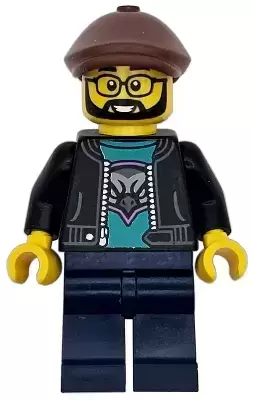 Lego City Minifigures - Race Truck Driver - Male, Black Jacket over Dark Turquoise Shirt with Hawk Head Logo, Dark Blue Legs, Reddish Brown Flat Cap, Beard, Glasses