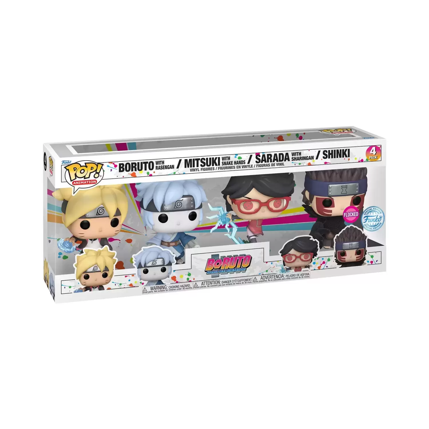 POP! Animation - Boruto: Naruto Next Generations - Boruto With Rasengan, Mitsuki With Snake Hands, Sarada With Sharingan & Shinki Flocked 4 Pack