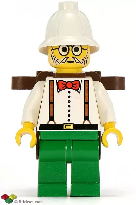 LEGO Adventurers Minifigures - Dr. Kilroy / Dr. Charles Lightning - White Shirt and Suspenders, Green Legs, White Pith Helmet, Brown Backpack