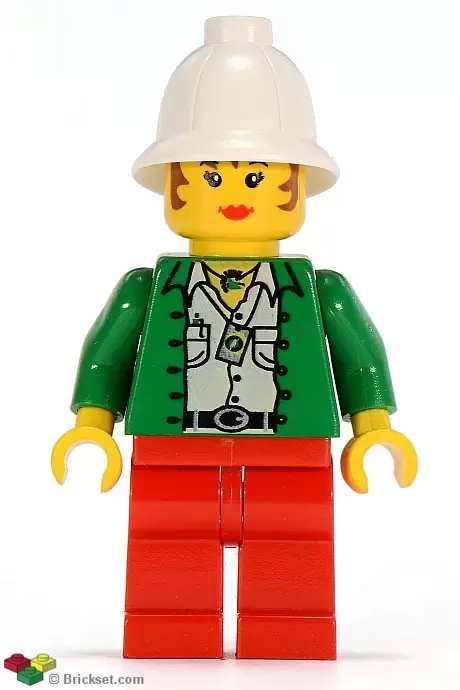 LEGO Adventurers Minifigures - Pippin Reed / Miss Gail Storm - Green Open Shirt, Red Legs, White Pith Helmet