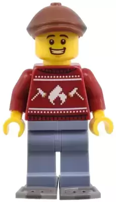 Lego City Minifigures - Man - Dark Red Holiday Sweater, Sand Blue Legs, Reddish Brown Flat Cap, Dark Bluish Gray Snowshoes